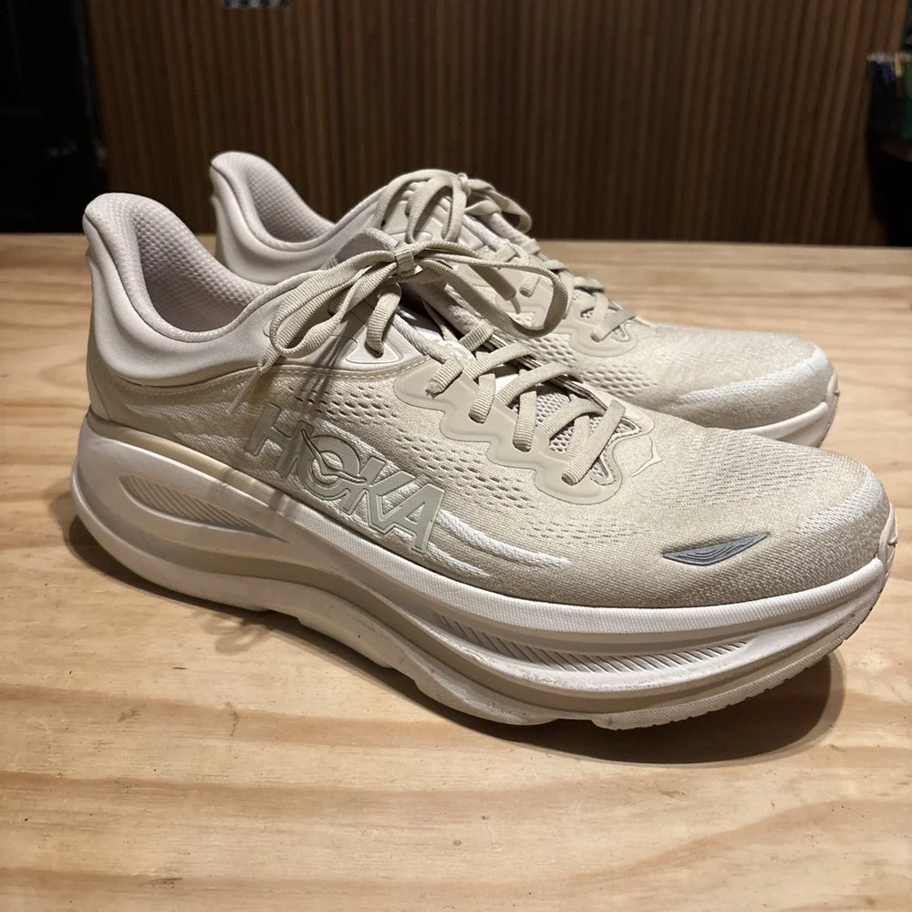 HOKA Bondi 9 running shoes Men's Sz 14 D Oatmeal Oat Milk Color Excellent Cond.